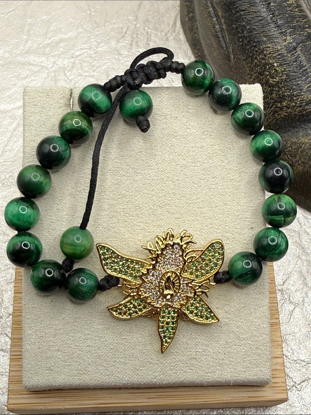 Green tiger eye tiny green clear crystals adjustable bracelet